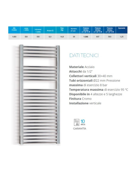 Termoarredo serie Zeta T 1800x550 mm 500 Interasse Cromo - Dritto - Kallea