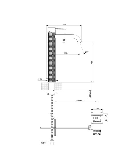 Miscelatore Lavabo alto Gessi serie 316 Meccanica bocca lunga 54203 con scarico e flessibili di collegamento - Kallea