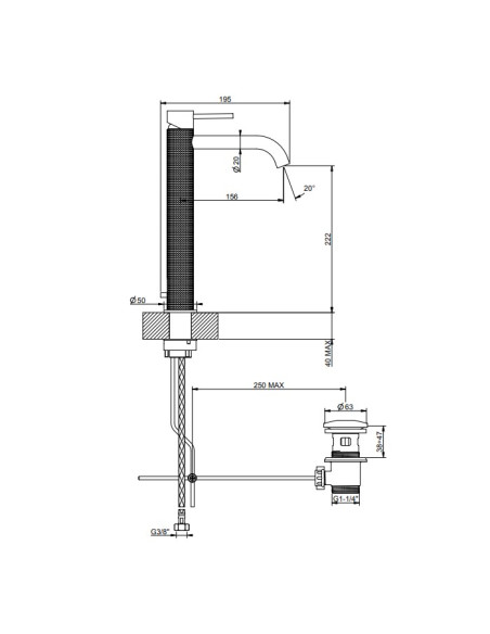 Miscelatore Lavabo alto Gessi serie 316 Cesello bocca lunga 54403 con scarico e flessibili di collegamento - Kallea